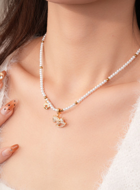 法式复古锆石小马吊坠珍珠项链