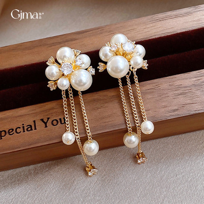 银针温柔锆石几何流苏珍珠耳环