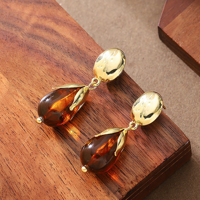 美拉德咖色水滴形树脂耳坠耳环