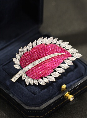 Rose Red Zircon Leaf Brooch Enamel Coat Suit Evening Pin