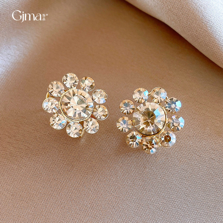 14k真金电镀圆形镶钻花朵耳钉