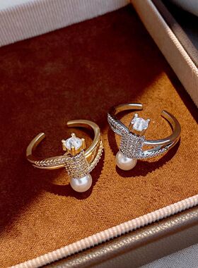 锆石珍珠开口戒指小众感指环