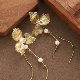 Floral Fringe Earrings Pearl Drop Long