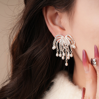 18k金电镀锆石烟花流苏珍珠耳夹