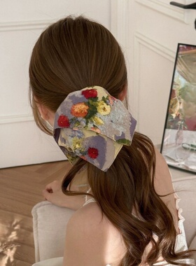 油画风花朵复古发圈方巾大肠圈