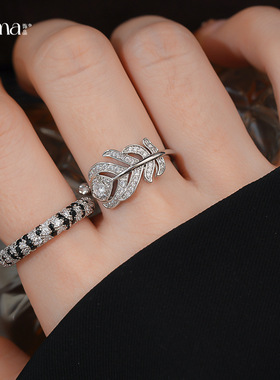 法式复古精致锆石羽毛开口戒指