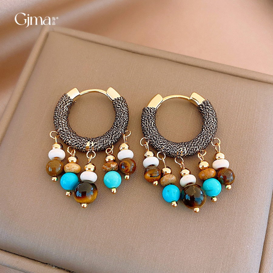 民族风石头串珠虎眼石流苏耳环