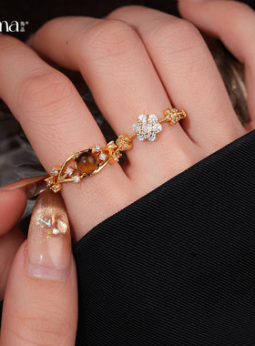 复古精致锆石几何花朵开口戒指