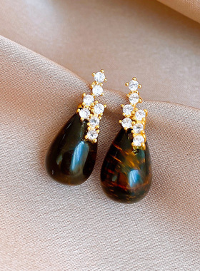 Teardrop Tiger Eye Studs, Zircon Money Style Luxury Earrings