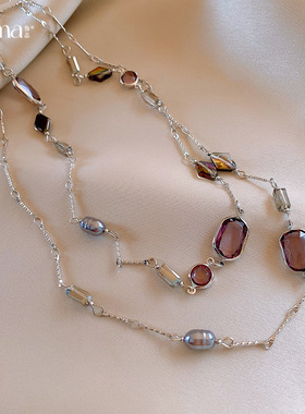 玻璃方形菱形串珠珍珠项链