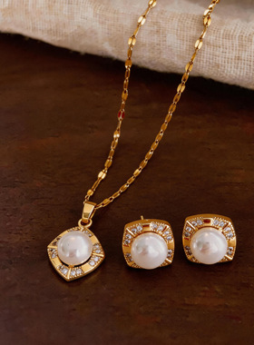 法式简约锆石方形珍珠耳钉项链