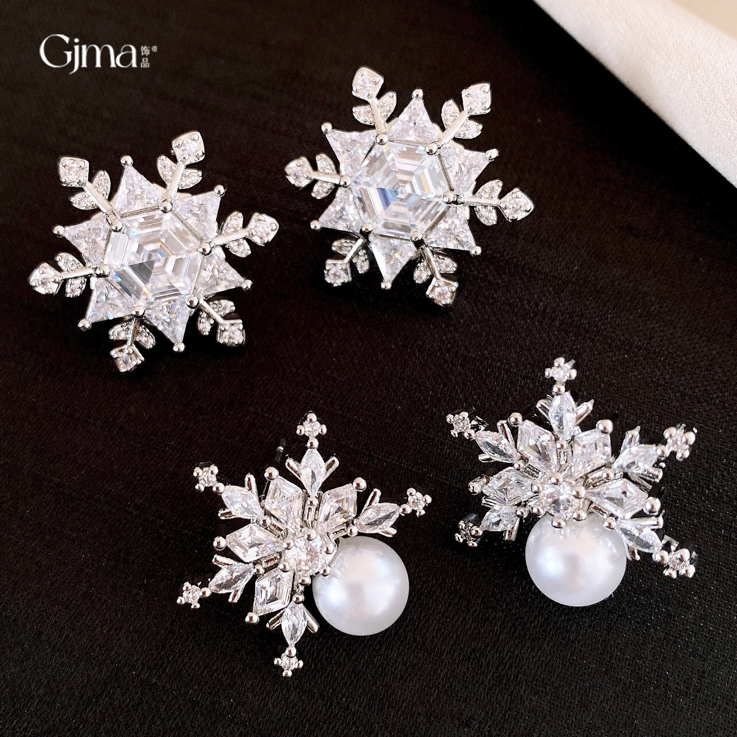 银针韩系甜美锆石雪花珍珠耳钉