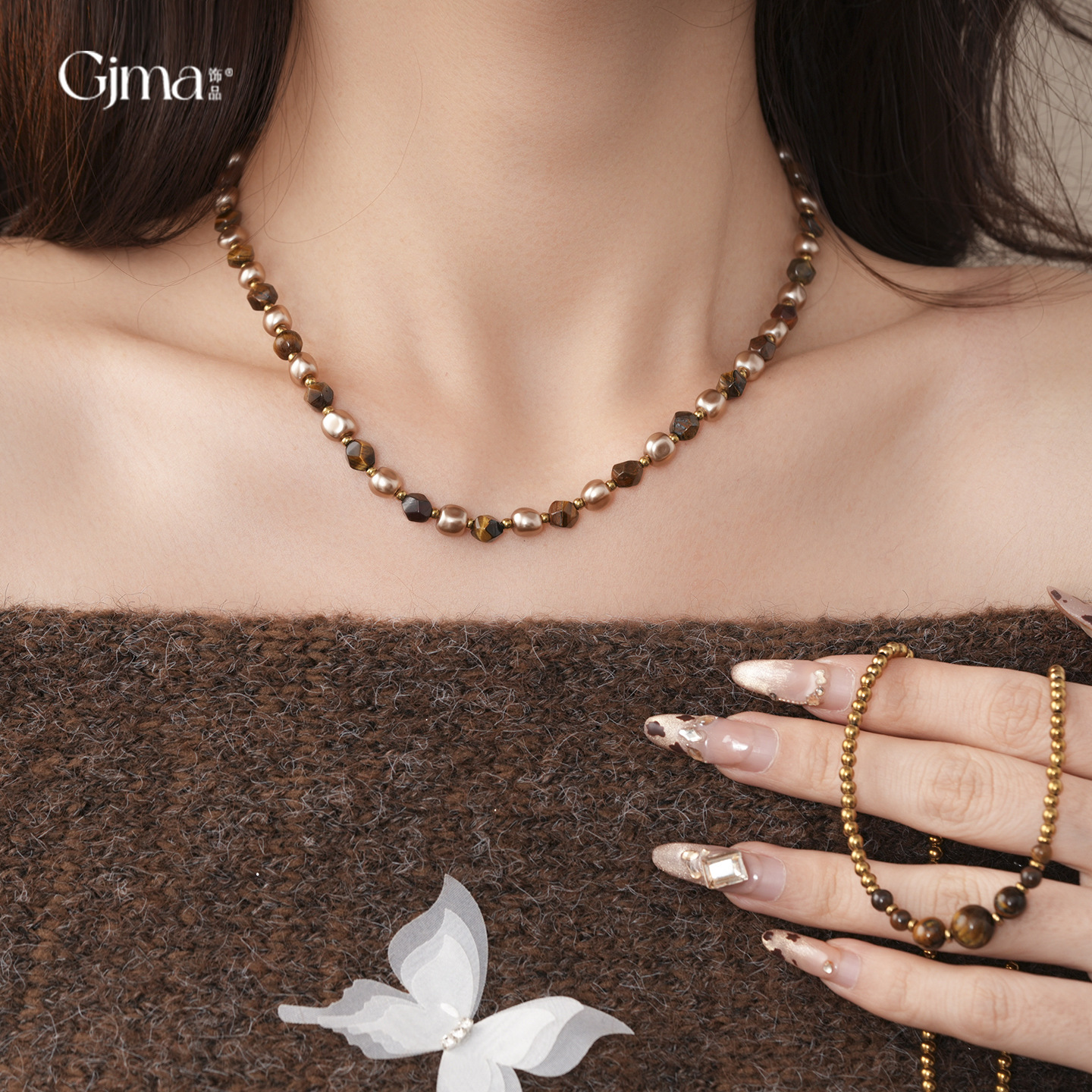 复古中古风几何形虎眼石串珠项链