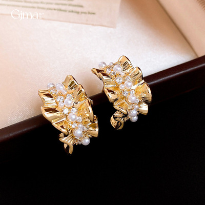 14k真金电镀C形锆石珍珠耳钉