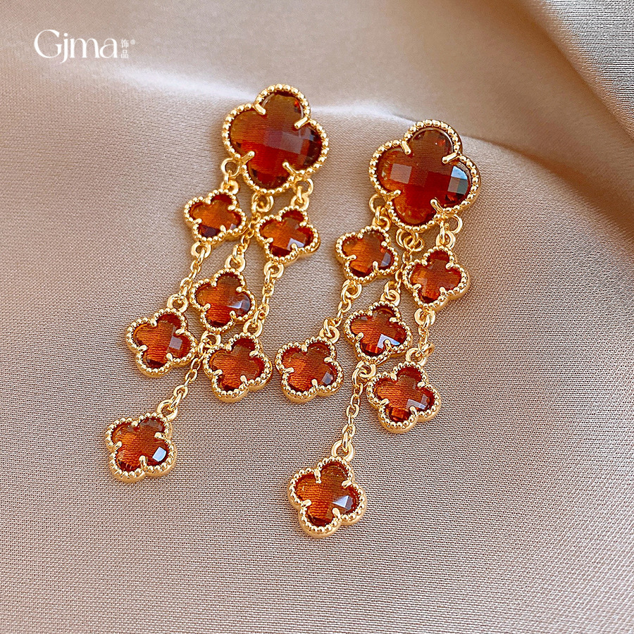 18k金电镀复古玻璃花朵流苏耳环