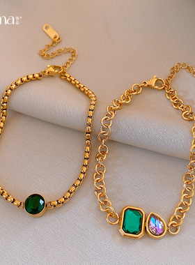 欧美风不锈钢镶钻方形水滴手链