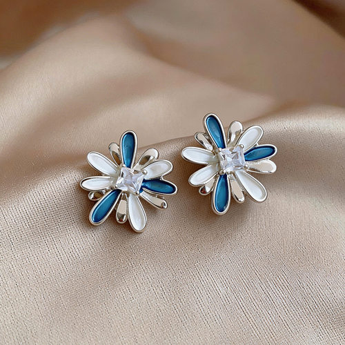 韩系个性锆石蓝色滴油花朵耳环