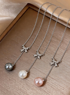 简约超闪锆石蝴蝶结圆形珍珠项链