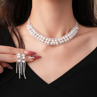 Pearl Jewelry Set, Diamond Necklace & Fringe Earrings Luxury