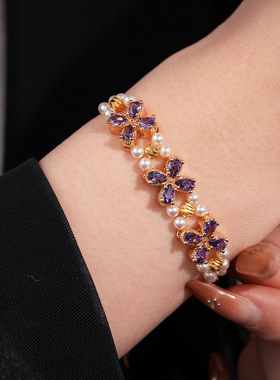 法式精致锆石方形花朵珍珠手链