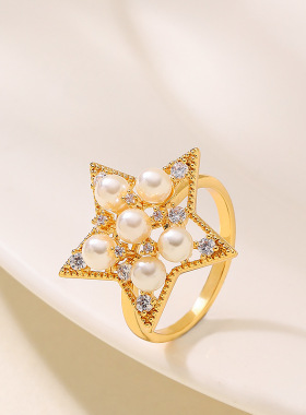 镶钻珍珠五角星可调节开口戒指