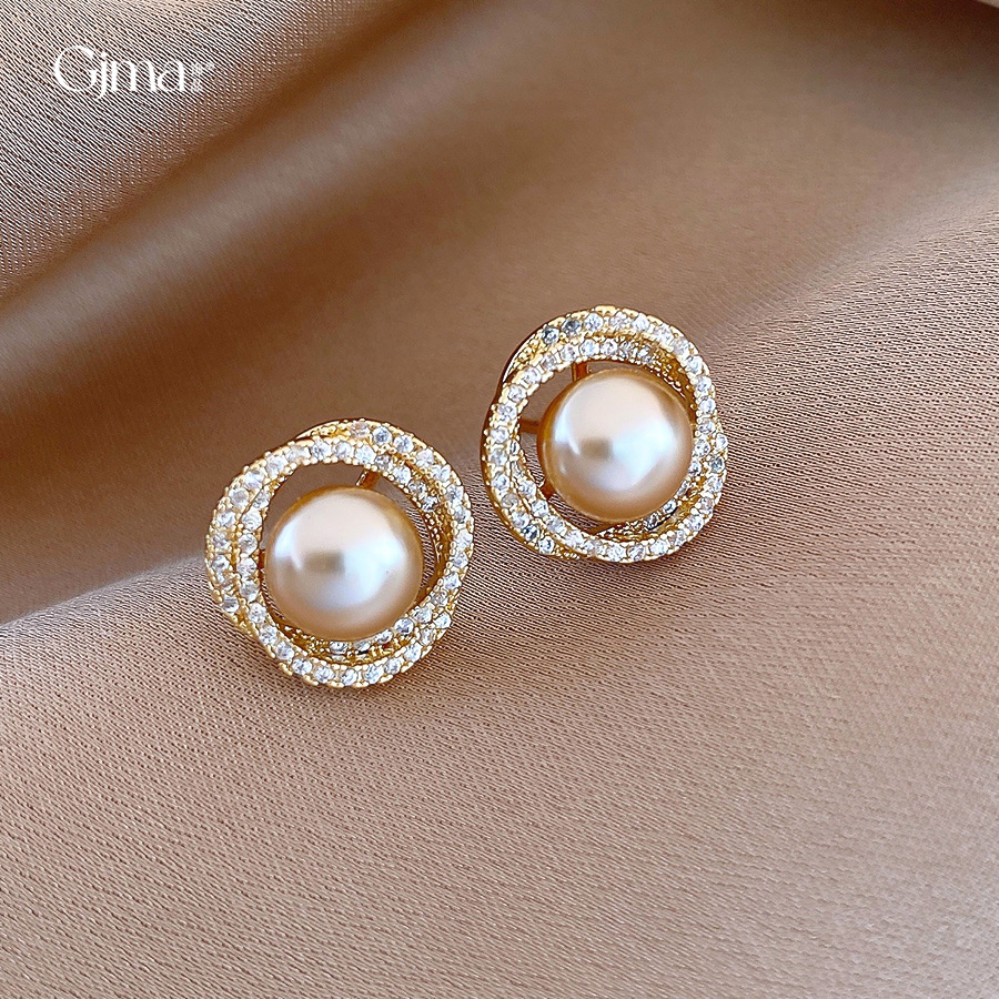 复古风锆石螺旋珍珠耳环