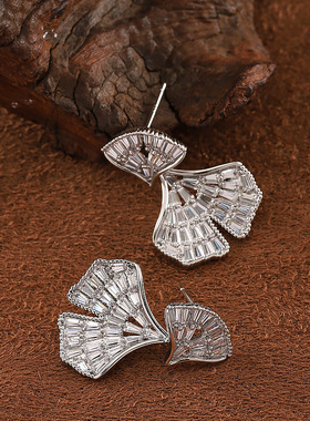 Full Zircon Earrings, Ginkgo Fan Luxury Minimalist Studs