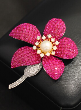 Luxury Red Crystal Magnolia Brooch with Freshwater Pearl Pin