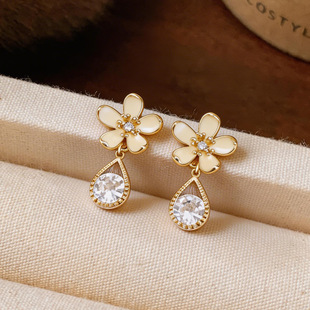 Zircon Earrings Floral Studs Vintage Chic Teardrop Enamel