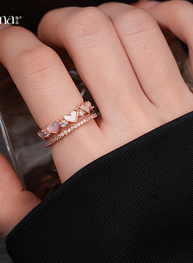 简约锆石贝母双层爱心开口戒指