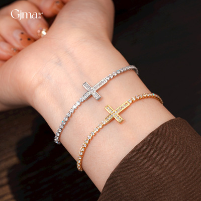 法式简约锆石十字架抽拉式手链