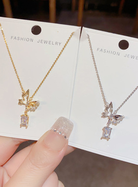 小众时尚设计感蝴蝶锆石方钻项链个性精致甜美气质百搭颈链锁骨链