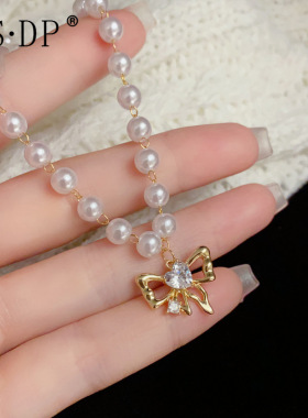 时尚温柔甜美金属蝴蝶结珍珠项链个性轻奢锁骨链感项饰