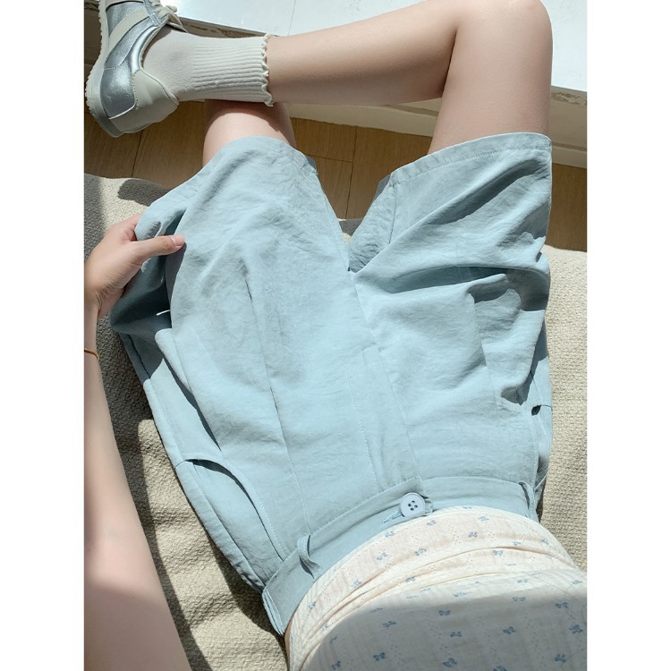 蓝色奶芙西装短裤女夏季薄款高腰休闲宽松垂感显瘦冰丝阔腿五分裤