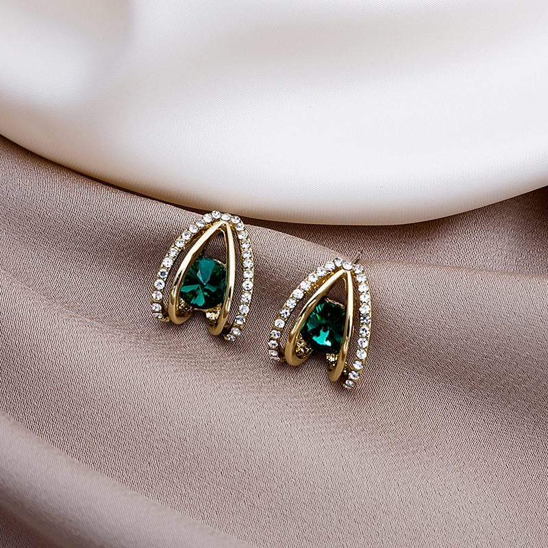 银针绿水晶宝石耳钉韩版时尚小众设计时尚气质耳坠耳环现货