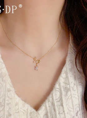 韩式时尚设计感蝴蝶锆石方钻项链个性精致甜美气质百搭颈链锁骨链