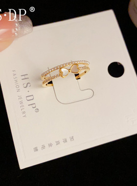 韩式气质高级感双层珍珠锆石蝴蝶结可调节食指戒极简开口指环