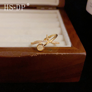 法式时尚感镶钻星星戒指女复古轻奢个性猫眼石开口指环戒手饰