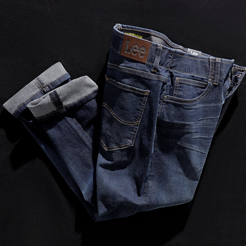 Lee李深蓝色水洗磨白锥形牛仔裤