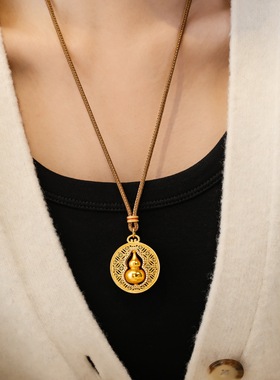 设计师古法金色如意圆盘吊坠项链