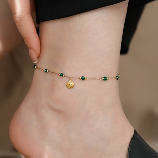 夏不掉色设计个性 新款 韩国礼物 小众高级感贝壳绿珠珠脚链女新中式