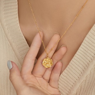 高级小众立体圆牌桃花印记项链ins镀18K金颈链锁骨链新款 不掉色