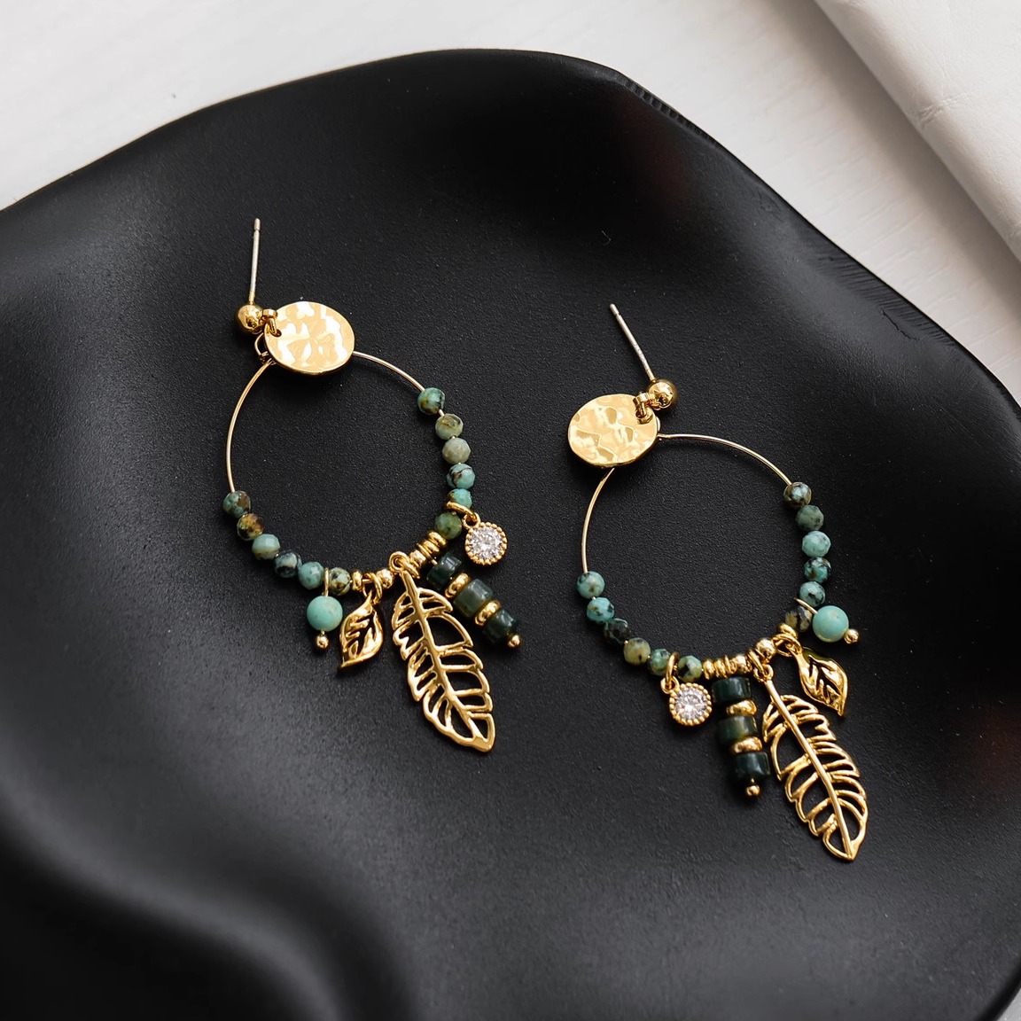 复古文艺绿松石树叶捕梦网耳环