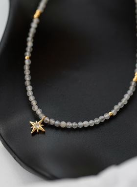 天然石灰色月光石串珠项链