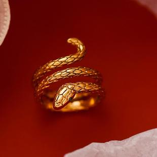 不掉色~欧美设计感绿色锆石眼晴蛇形金色戒指女食指夸张蛇时髦