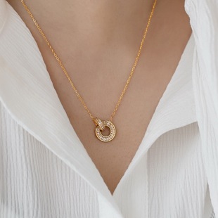 项链女锁骨链颈链不掉色 高级感轻奢镀18K金双环水晶锆石金色短款
