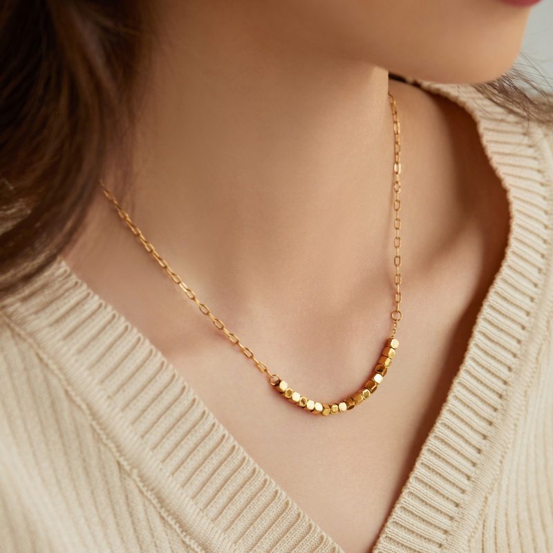 钛钢女多方来财碎银子锁骨链