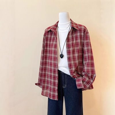 靓依轩韩系复古红色格子衬衫女秋季宽松慵懒休闲长袖衬衣外套