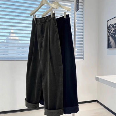 复古墨绿色灯芯绒阔腿裤子女早秋高腰气质通勤宽松直筒翻边