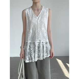 V领背心女V领叠穿上衣 不规则下摆蕾丝无袖 2026春夏新款 设计款
